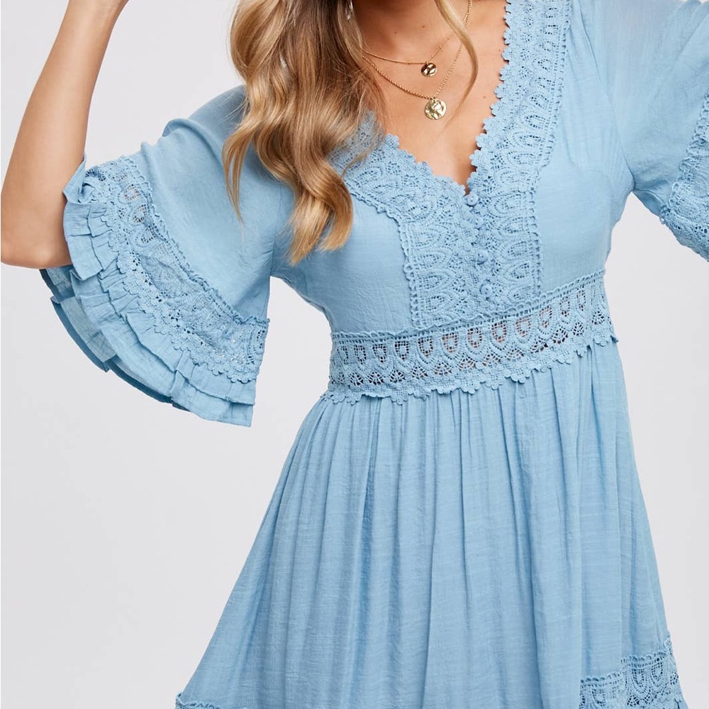 NWT Bluivy Baby Blue Lace Trim Mini Dress w/ Strappy Back Detail